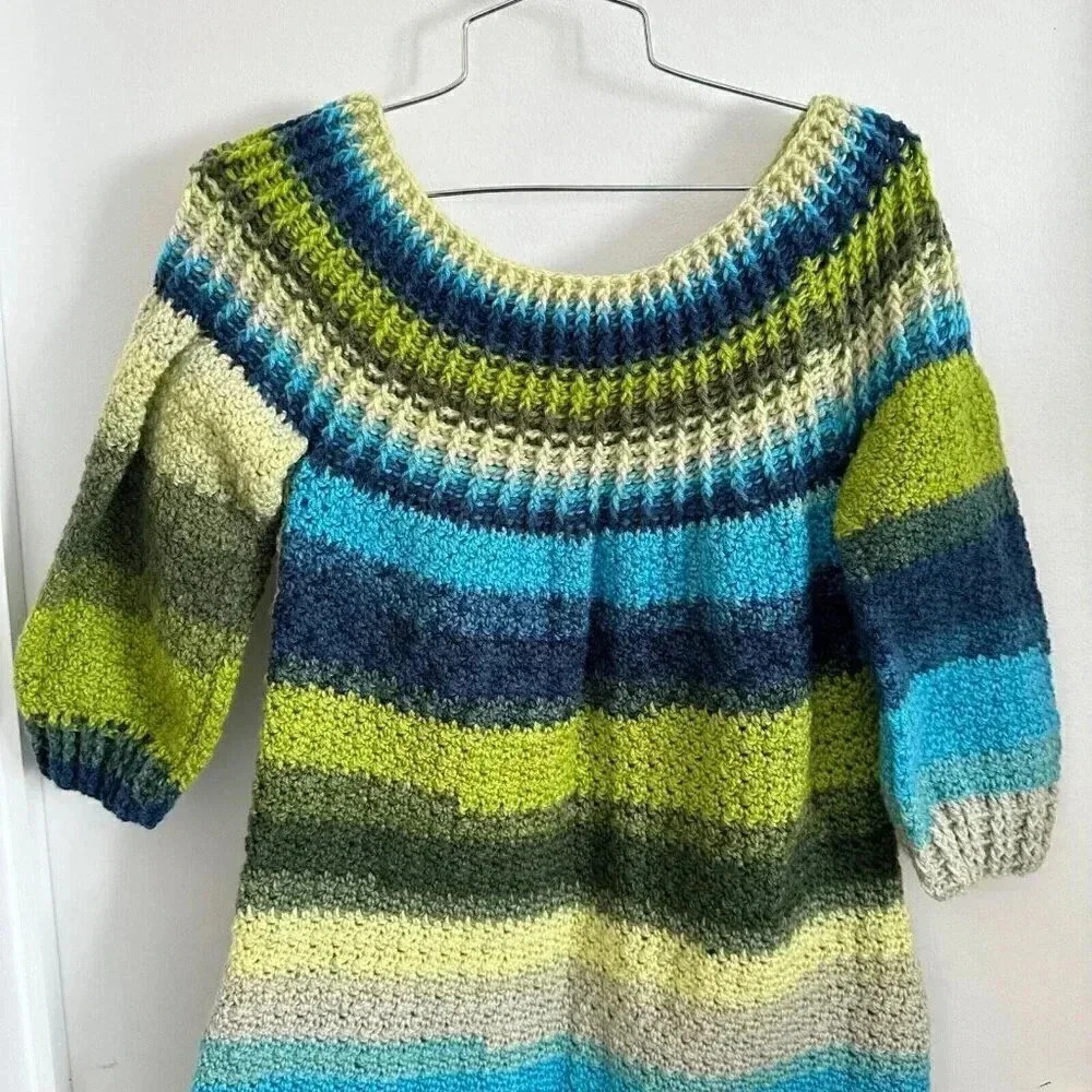 Handmade XS crochet knit dress blue green short with 3/4 sleeves - Picture 3 of 10